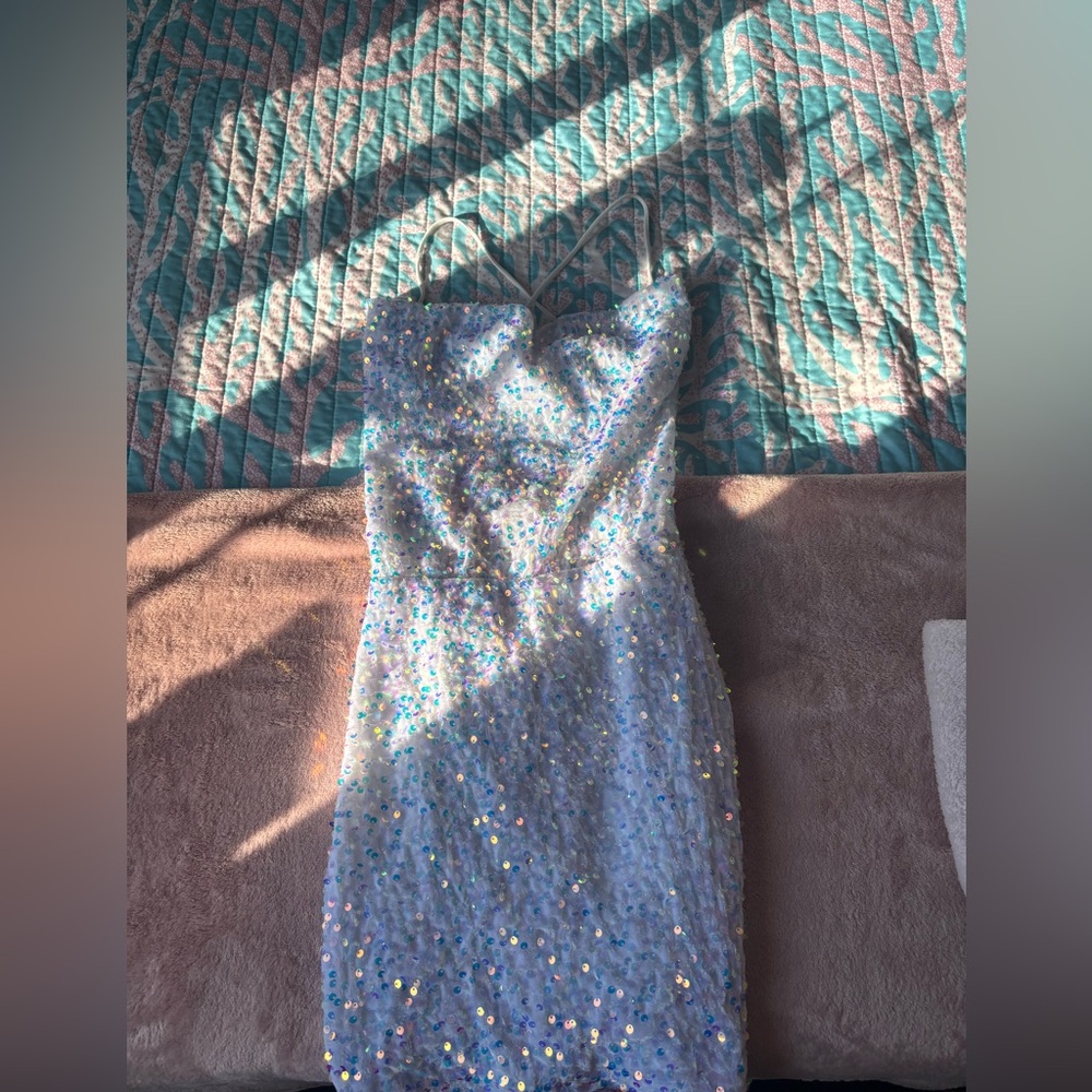 Lucy in the Sky Iridescent Sequin Strapless Mini Dress in Light Blue